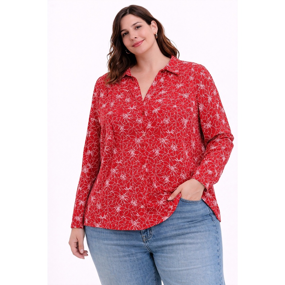 Charter Club Blouse Womens XL Red Floral Print Long‎ Sleeve Button Front Top